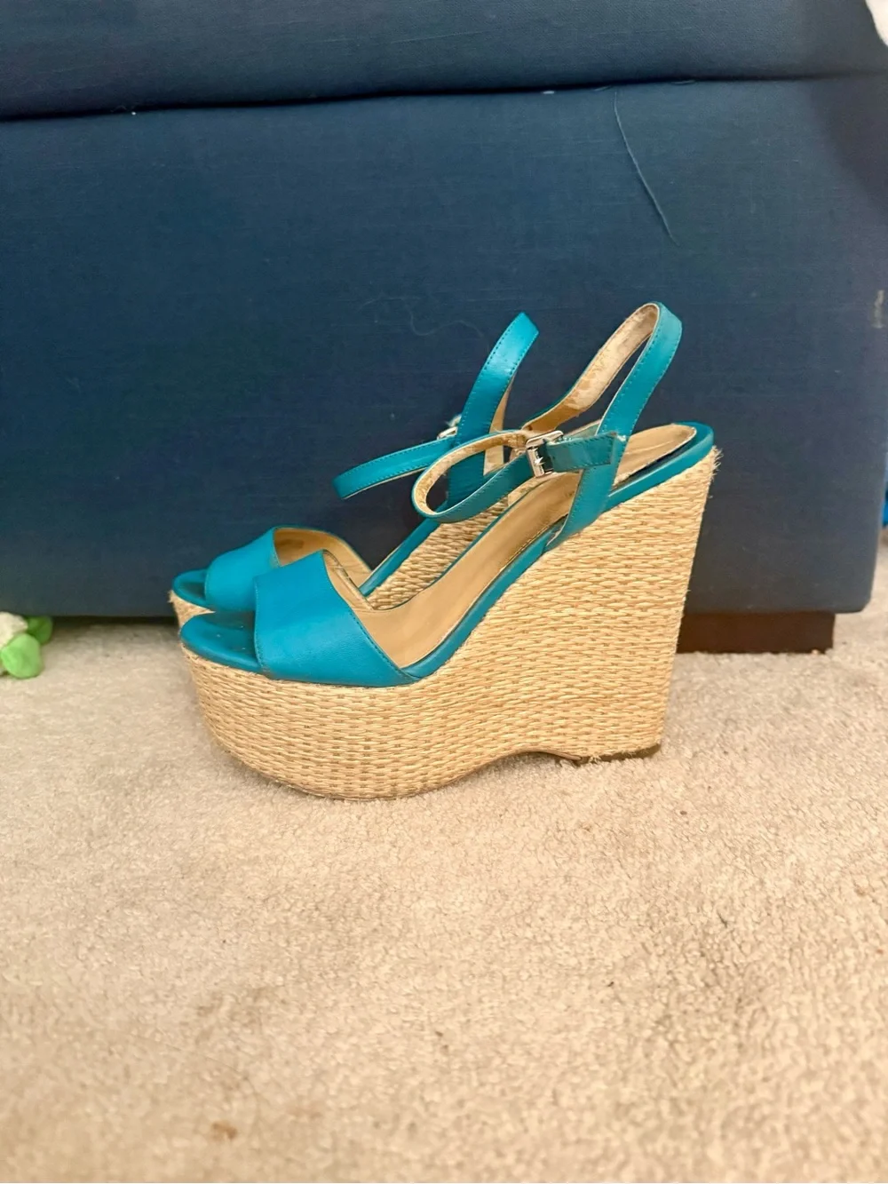 Michael Kors Teal Platform Espadrille Wedge Sandals